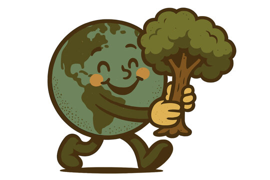 Vintage retro happy Earth planet mascot walking and cuddling a big lush green tree, smiling Earth day greeting card design, 1970s style environmental protection illustration