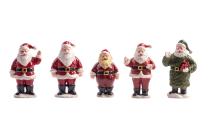 Festive christmas  santa figurines holiday decor vintage style indoor setting close-up view cheerful atmosphere