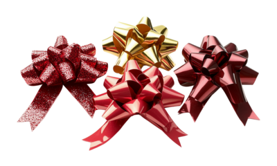 Creative gift wrapping ideas featuring various red and silver bows holiday season image collection studio lighting top view festive decor