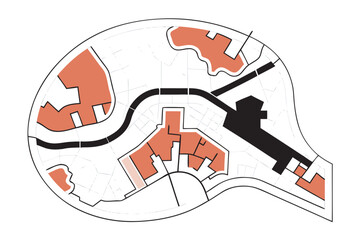 Urban Planning Map with Red Building Blocks Keywords: urban planning, city map, map of