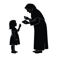 Woman offering treats to child silhouette