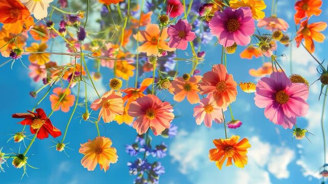 A bunch of colorful flowers suspended in mid-air