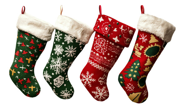 Christmas stockings with white cuffs and red-green patterns including snowflakes, holly, plaid, and festive motifs, arranged in a row