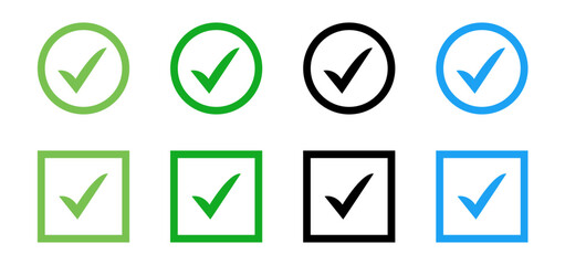 Tick Check Mark Icon Set in Circle and Square Shapes – Green, Black, and Blue Vector Symbols