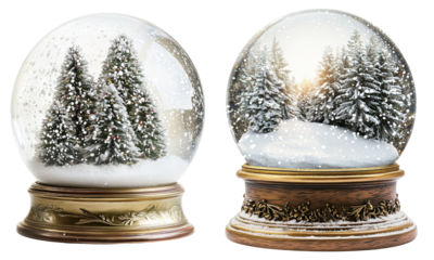 Glass snow globes featuring snowy pine trees and swirling flakes on dark wooden bases