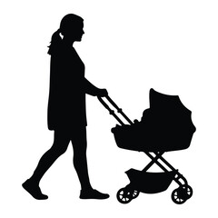 Woman pushing baby stroller silhouette