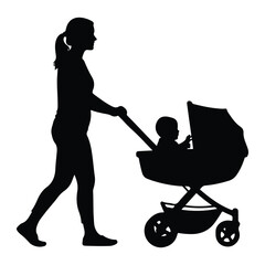 Woman pushing baby stroller silhouette walking