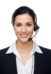 young caucasian woman, mid-20s, dark hair back, black headset, friendly smile, transparent background, copy space, soft studio light, professional commercial headshot, concept of excellent customer