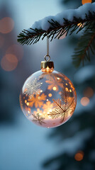 Glass Christmas Ornament with Etched Snowflakes and Warm Light