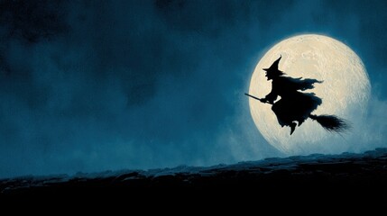 Silhouette of a witch flying across the moon