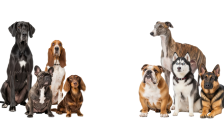 Eight diverse dog breeds, including a Great Dane, Husky, and German Shepherd, gaze upward on a transparent studio background with central copy space, showcasing canine diversity and attentiveness