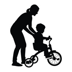 Woman teaching child to ride tricycle silhouette learning