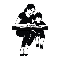 Woman teaching boy reading book child