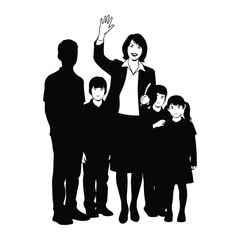 Woman waving with children and man family group