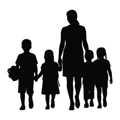 Woman walking with children silhouette holding hands