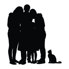 Black silhouette family embrace and cat people