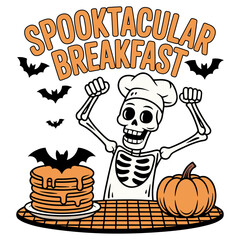 Spooktacular Breakfast Skeleton Chef Design with Pancakes, Pumpkin and Bats