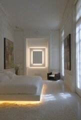 Fototapeta premium A sophisticated bedroom boasts a minimalist design, featuring a white bed platform with subtle lighting, a neutral color palette, and architectural details.