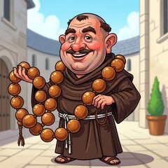 Cartoon monk holding rosary beads in a monastery courtyard.