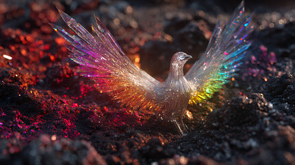 A mesmerizing crystal dove emerges from the earth, its wings adorned with a rainbow of colors, radiating light and hope in a dark landscape