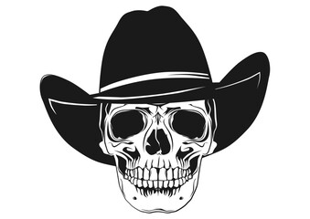 Skull in a cowboy hat. Halloween skull. Front view. Flat vector
