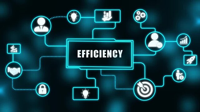 Animated neon diagram illustrating the concept of efficiency with relevant icons
