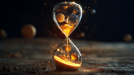 Hourglass filled with planets and stars, symbolizing the passage of time and the vastness of the universe, a cosmic reminder of our fleeting existence