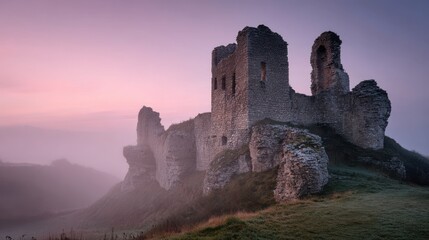 Fototapeta premium Ancient stone ruins at sunrise with mist 