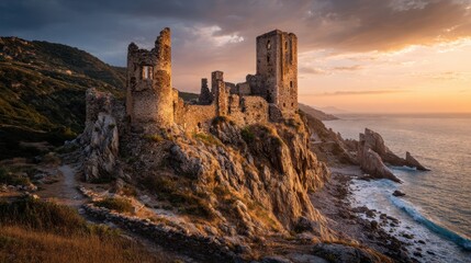 Fototapeta premium Ancient stone castle ruins on rocky coast 