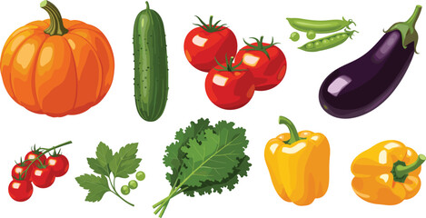 Colorful Vegetable and Fruit Illustration Set Featuring Tomato, Pumpkin, Eggplant, Cucumber, Pepper, Kale, Peas, Parsley for Food Concepts