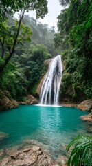 Stunning waterfall cascading into turquoise pool in lush jungle scenery