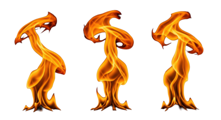 Three vibrant, intensely burning real flames with dynamic orange, yellow, red tendrils, isolated against a pure deep black void, sharp focus close-up macro, abstract depiction of fire's essence