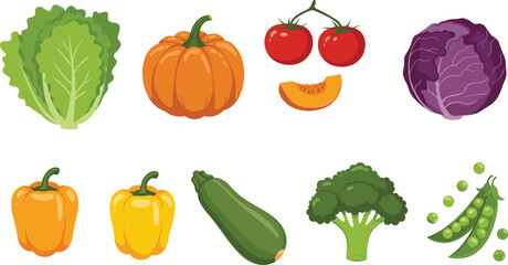 Colorful Vegetable Collection Featuring Lettuce, Pumpkin, Tomato, Cabbage, Bell Pepper, Zucchini, Broccoli, and Peas for Food Concepts