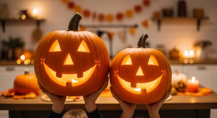 Glowing carved pumpkins held by hands in a warm, inviting setting, perfect for autumn celebrations and holiday decorations