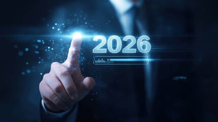 Faceless Executive  with Digital Progress Bar Advancing to 2026, Innovation and Strategic Growth Concept