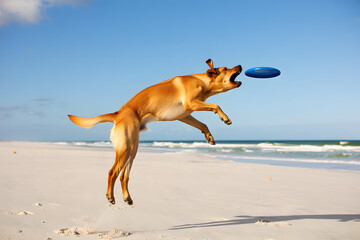 Brown retriever puppy and a young woman running together on a sunny beach