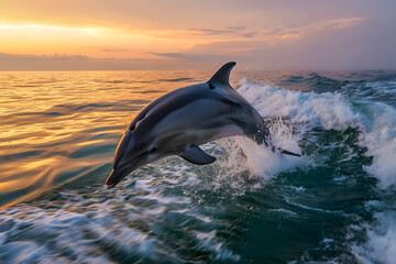 Fototapeta premium A majestic bottlenose dolphin gracefully jumps from the tranquil blue ocean