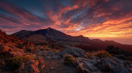 Obraz premium Vivid mountain sunset with dramatic sky 