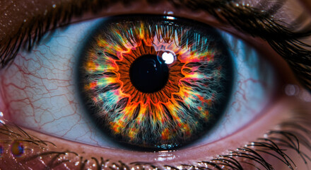 Macro human eye iris fiery orange surreal abstract vision background