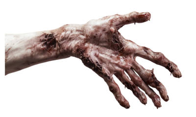 Decayed, bloodied zombie hands reaching upward with torn flesh and exposed veins
