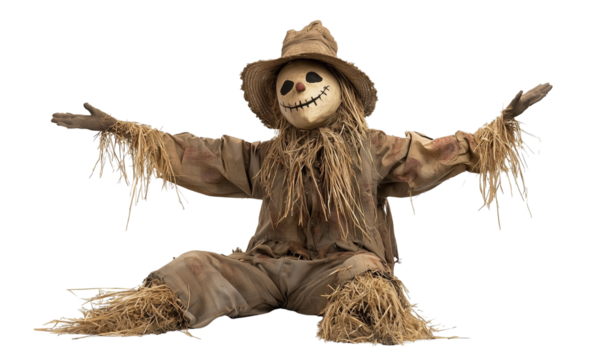 Cheerful straw scarecrow sitting with outstretched arms, wearing a burlap hat and patchwork clothes, with a stitched smiling face