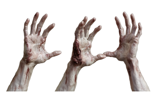 Three decayed, bloodied zombie hands reaching upward with torn flesh and exposed veins