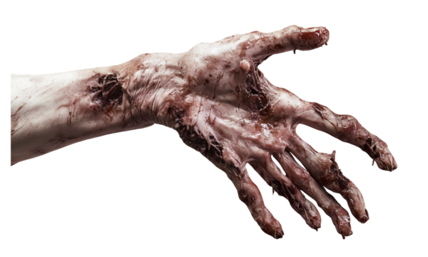 Decayed, bloodied zombie hands reaching upward with torn flesh and exposed veins