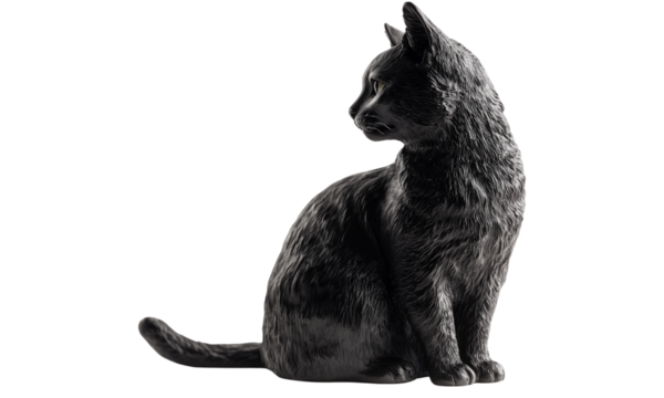 Sleek cat sculpture lying with front paws crossed, detailed fur texture and expressive eyes