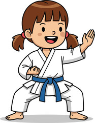Karate, child, martial arts, blue belt, karate gi, cartoon, vector, illustration, discipline, training, sport, pose, action, confident, energetic, self-defense, fitness, pigtails, cheerful, white unif