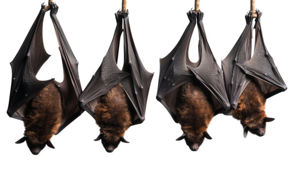Four fruit bats hanging upside down with wings wrapped around their bodies, showing leathery membranes and furred heads