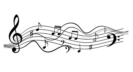 Stylized black treble and bass clefs on a dynamically wavy musical staff with various notes on a transparent background, vector graphic design concept of melody and harmony