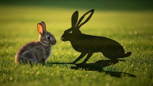 Rabbit playfully attacks its own shadow on a sunny day in a grassy field