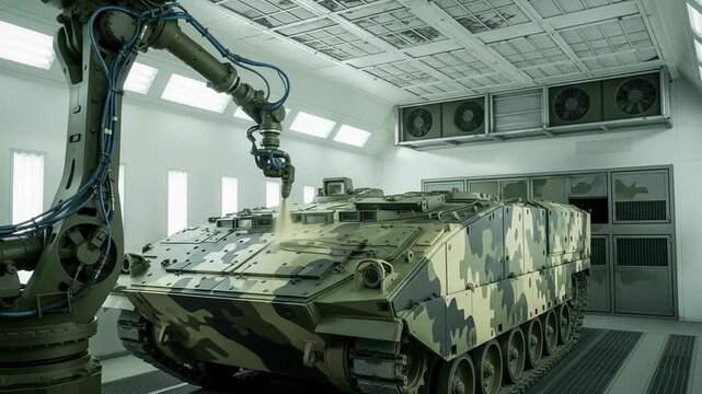 Robotic arm applies advanced camouflage paint coatings to armored vehicle in spray booth
