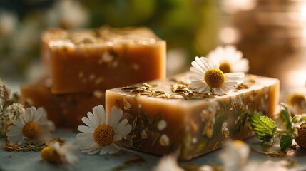 Natural Herbal Soap Bars with Chamomile Flowers
